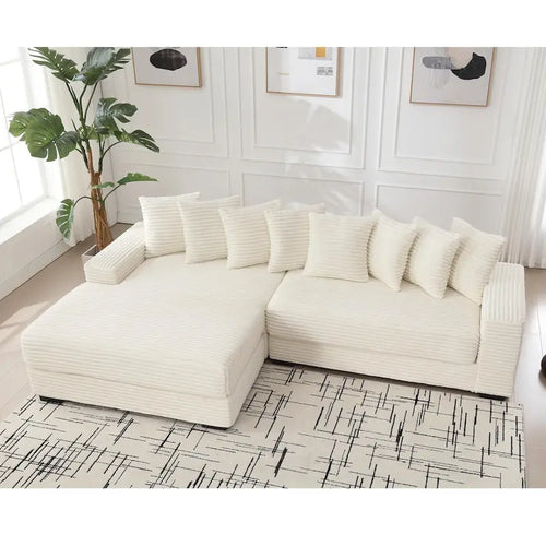Divano componibile a L in velluto a coste da 282 cm con penisola a sinistra e 8 cuscini decorativi
