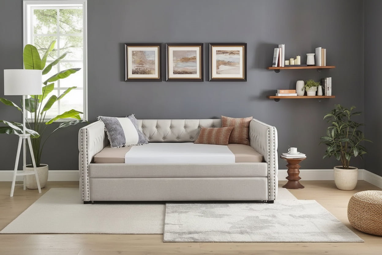 Full Daybed with Trundle Upholstered Tufted Sofa Bed, with Button and Copper Nail on Square Arms